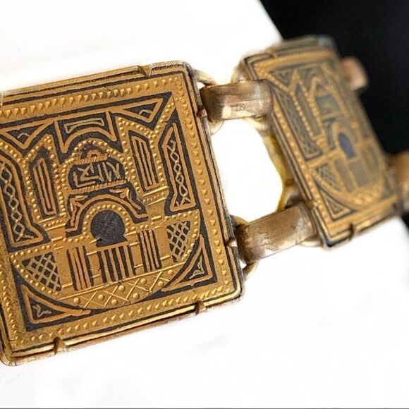Art Deco Antique bracelet Am Double gold black design safety chain elegant - Picture 5 of 9